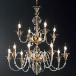 Lampadario 12 Luci Classico in Vetro a Mano Italiano e Metallo - Memore