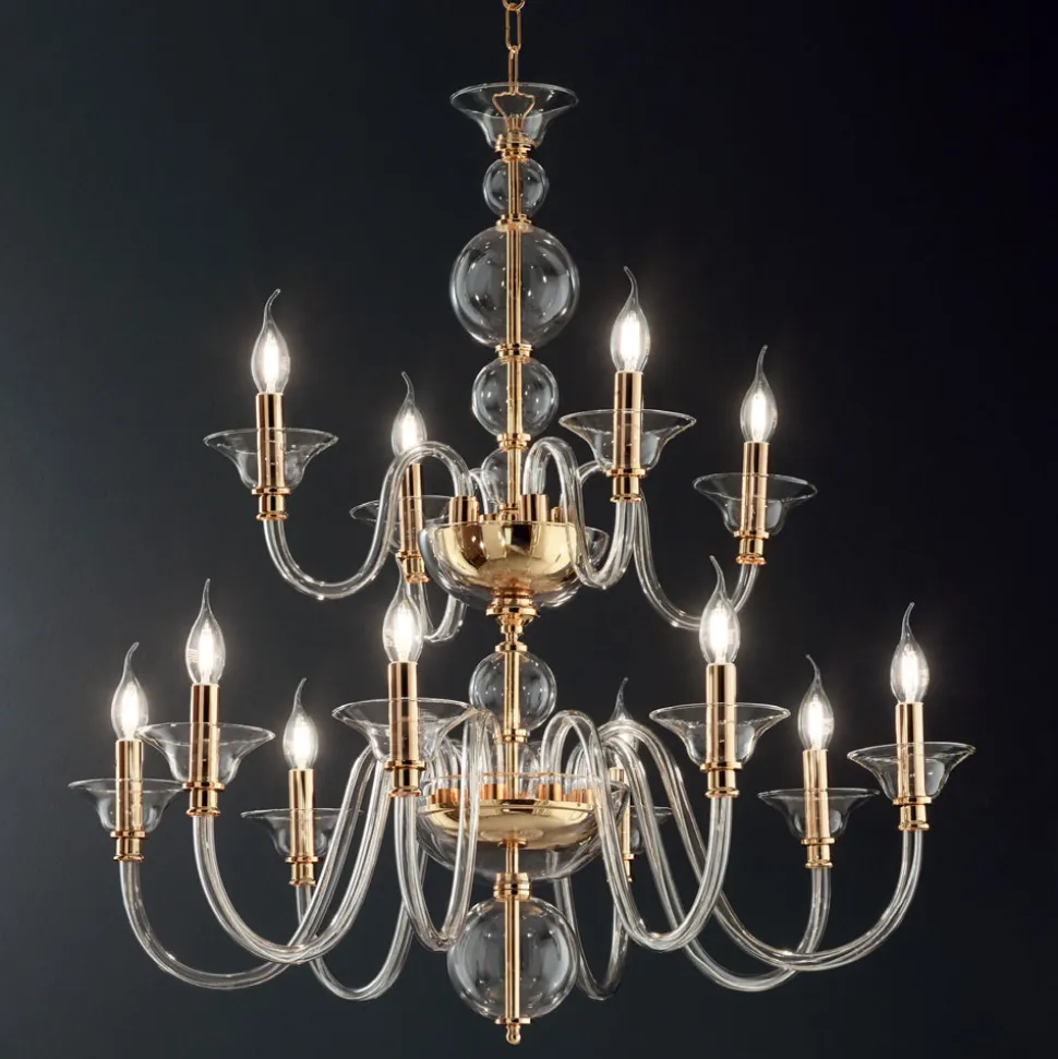 Lampadario 12 Luci Classico in Vetro a Mano Italiano e Metallo - Memore