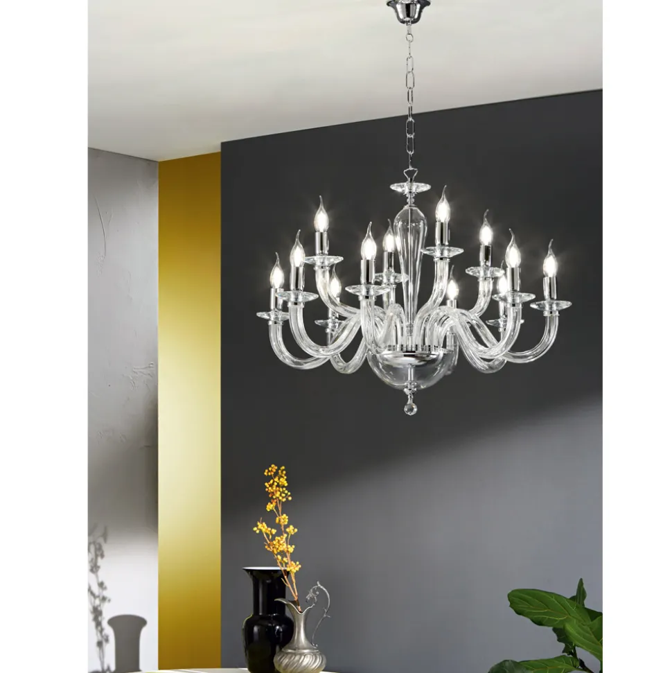 Lampadario 12 Luci Classico in Vetro Trasparente Fatto in Italia - Rapallo