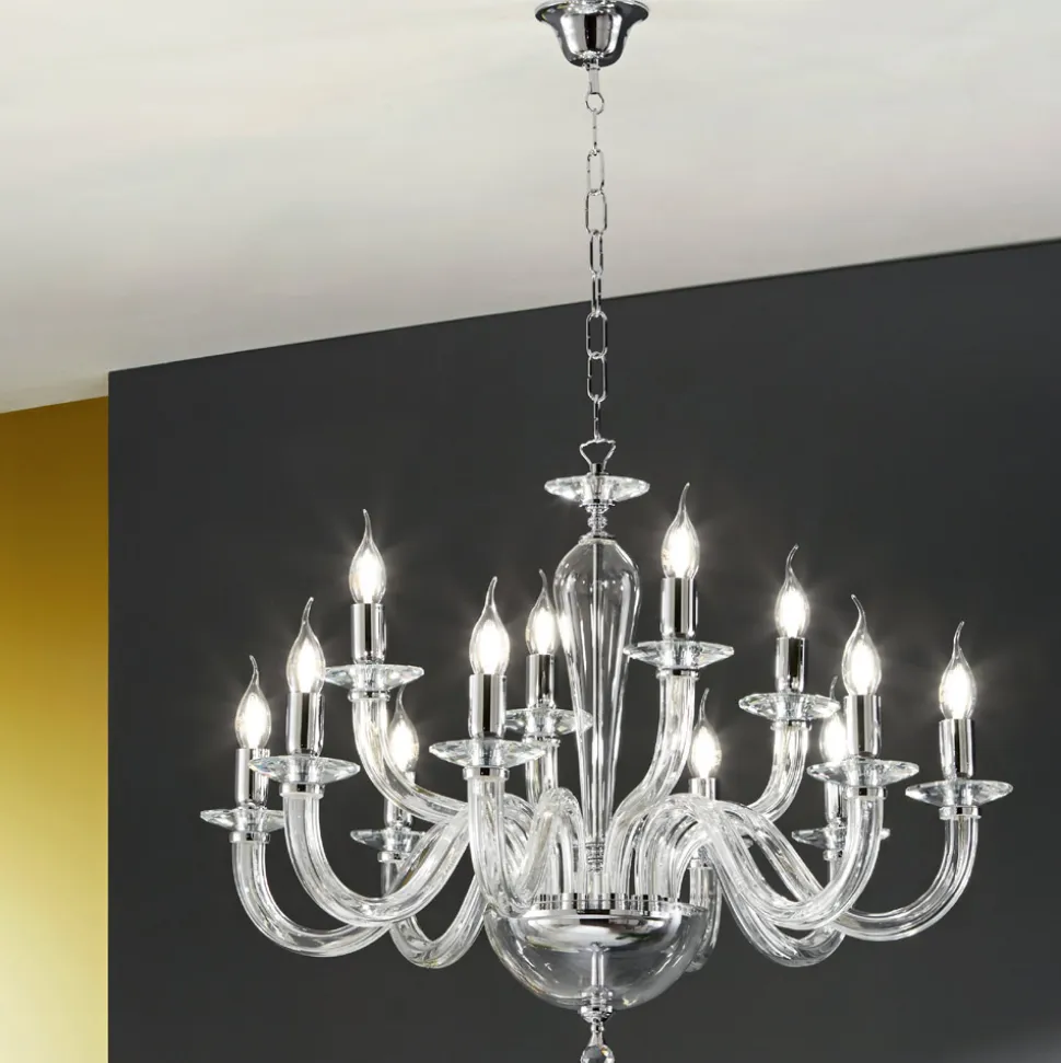 Lampadario 12 Luci Classico in Vetro Trasparente Fatto in Italia - Rapallo