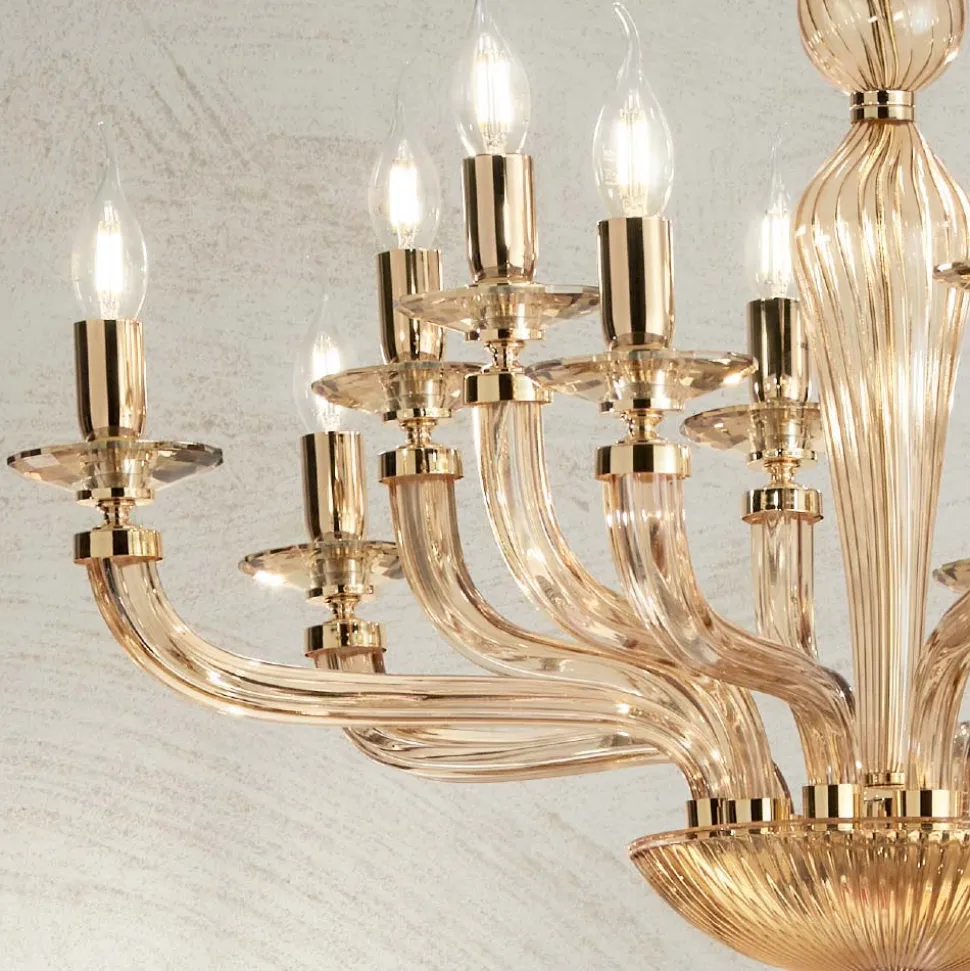 Lampadario 12 Luci Classico in Vetro Rigaton Lavorato a Mano - Fievole