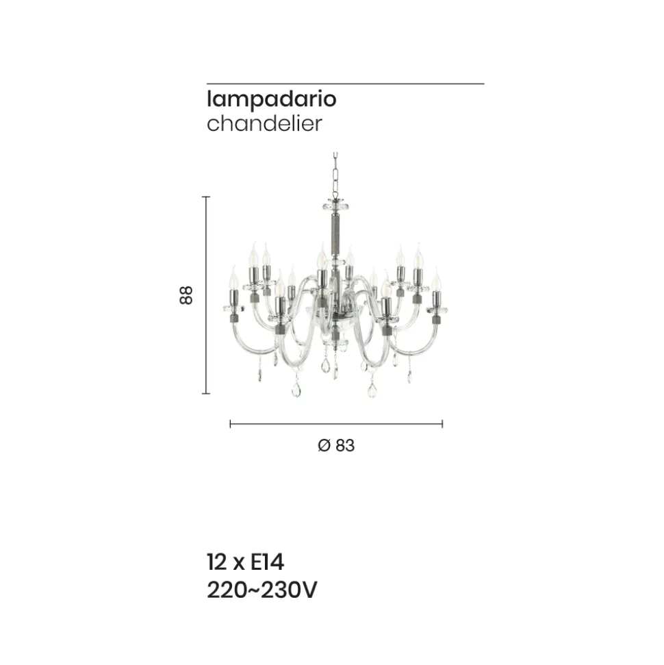 Lampadario 12 Luci Classico in Vetro Italiano Lavorato a Mano - Similo