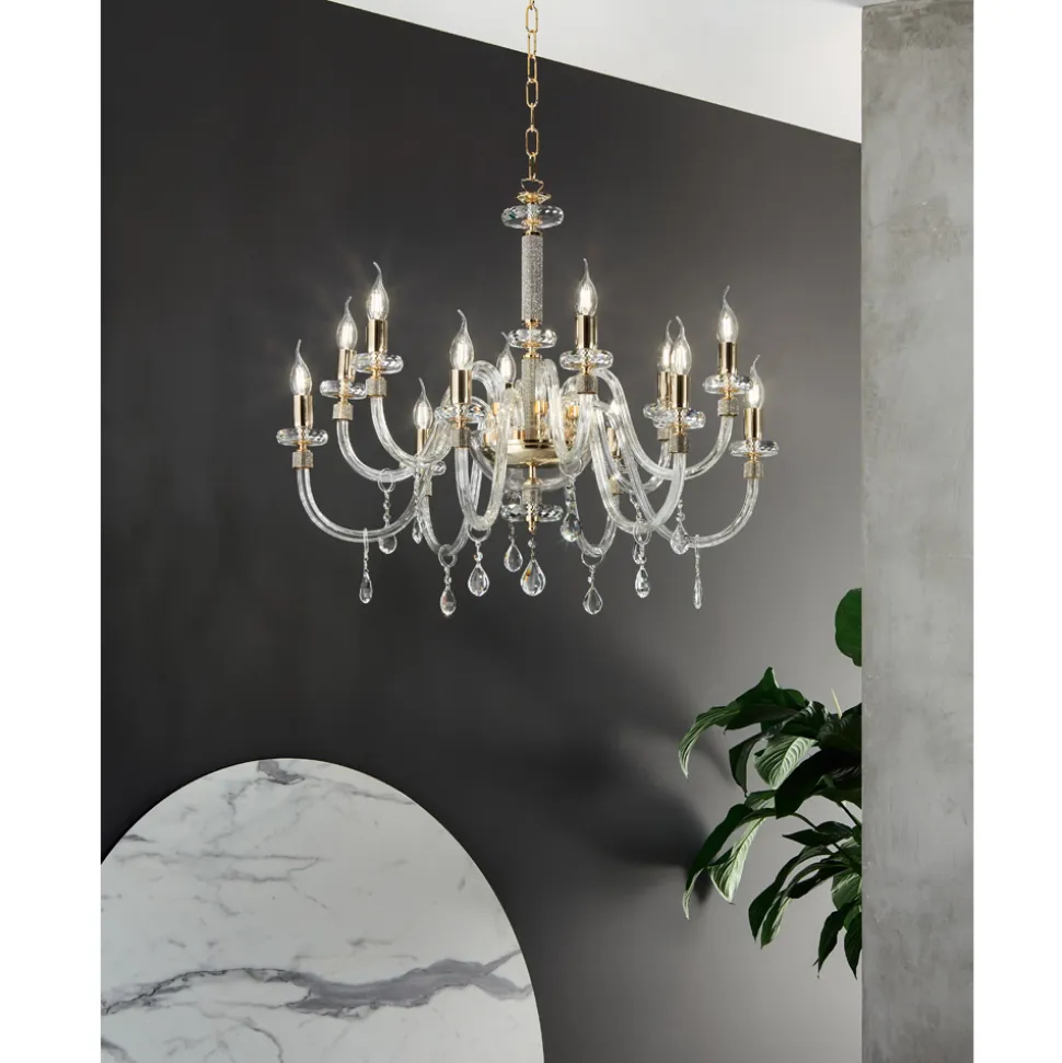Lampadario 12 Luci Classico in Vetro Italiano Lavorato a Mano - Similo