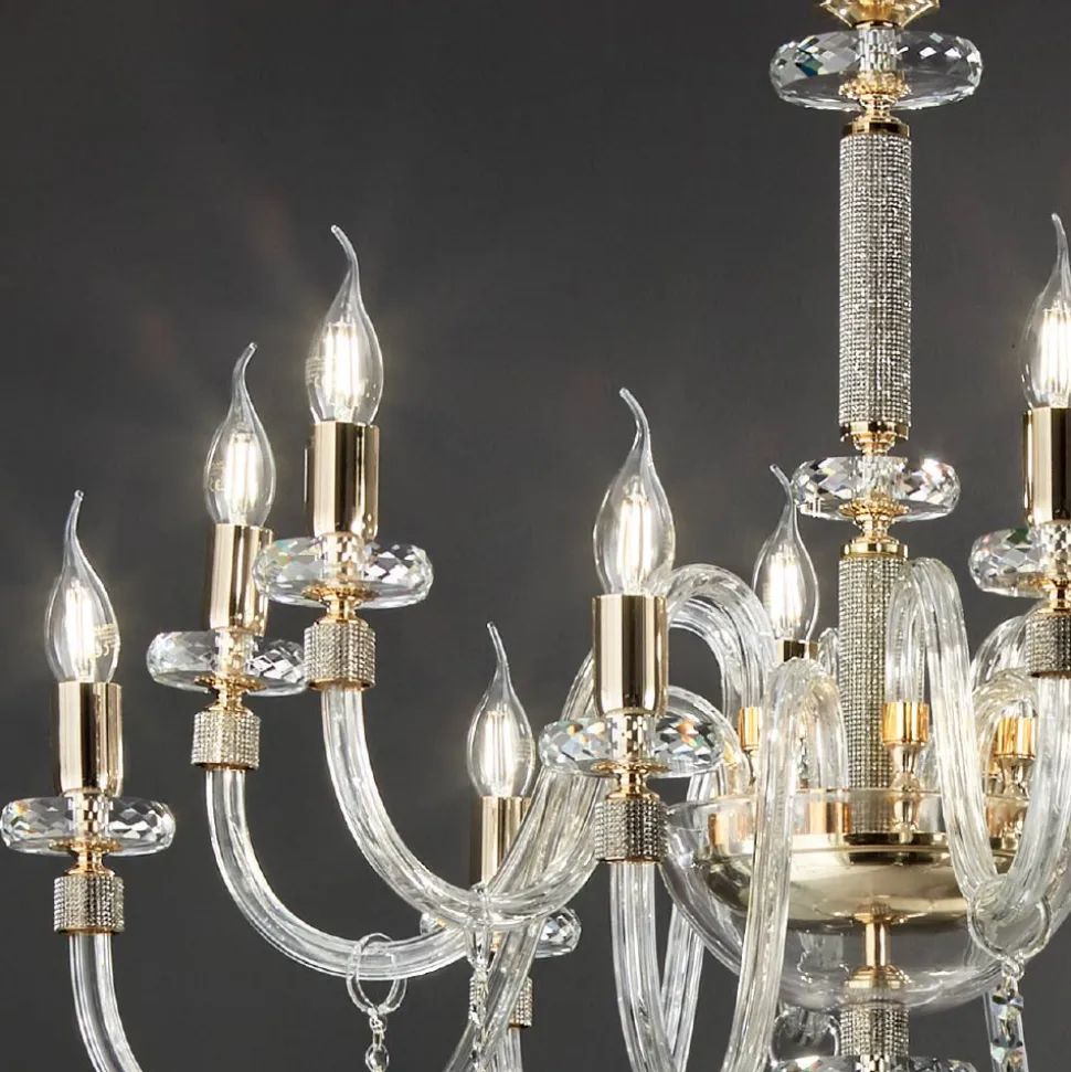 Lampadario 12 Luci Classico in Vetro Italiano Lavorato a Mano - Similo