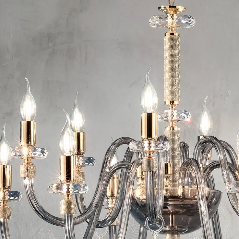 Lampadario 12 Luci Classico in Vetro Italiano Lavorato a Mano - Similo