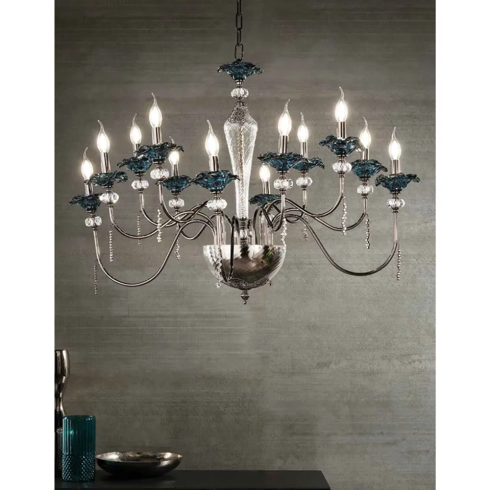 Lampadario 12 Luci Classico in Vetro, Cristallo e Metallo Lusso - Flanders