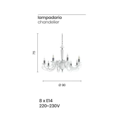 Lampadario 8 Luci Classico Vetro Artigianale Italiano e Cristallo - Malesia