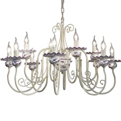 Lampadario 12 Luci in Ceramica Decoro a Mano e Ottone Anticato - Sanremo