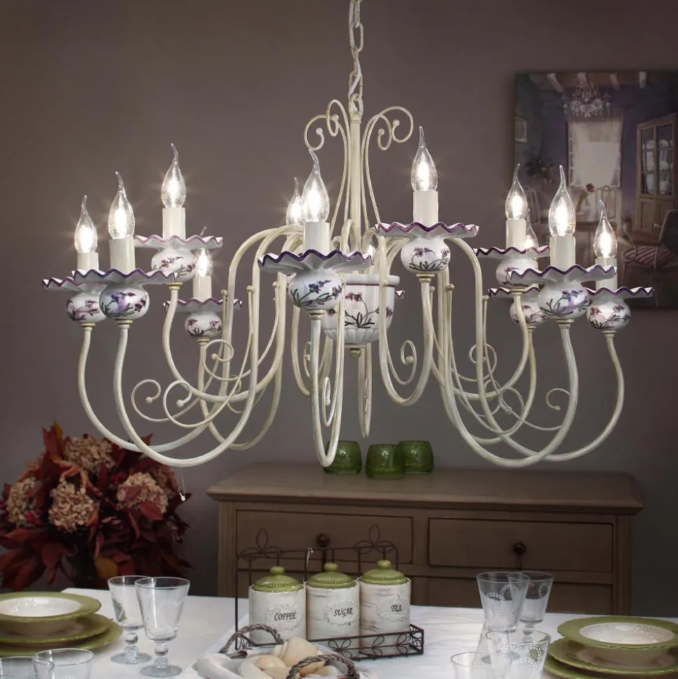 Lampadario 12 Luci in Ceramica Decoro a Mano e Ottone Anticato - Sanremo