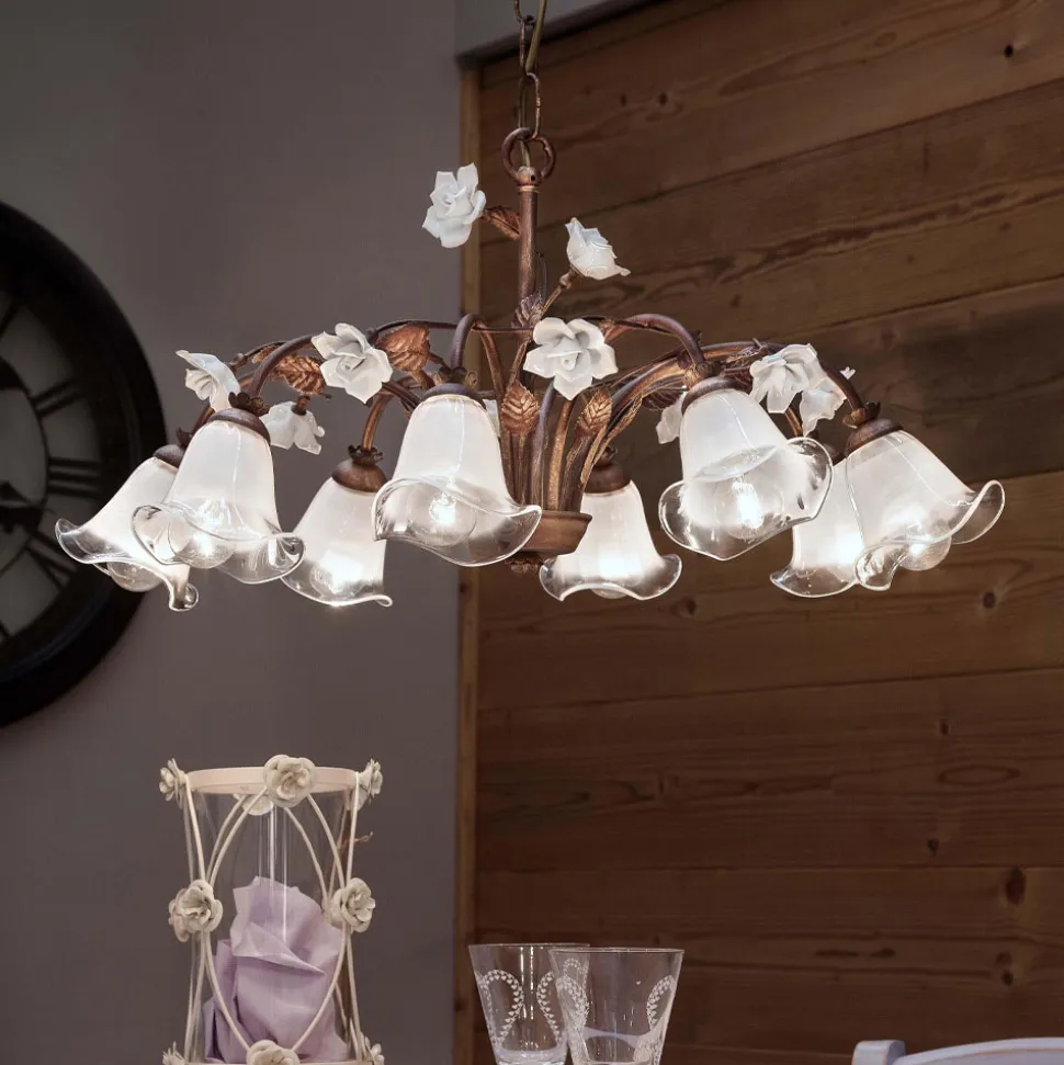 Lampadario 8 Luci in Ferro e Vetro Sabbiato con Rose di Ceramica - Siena