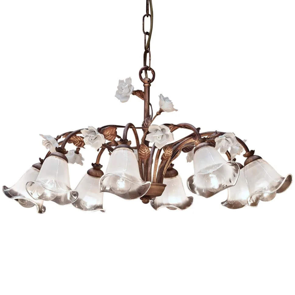 Lampadario 8 Luci in Ferro e Vetro Sabbiato con Rose di Ceramica - Siena