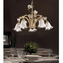 Lampadario 5 Luci in Ferro e Vetro Sabbiato con Rose di Ceramica - Siena