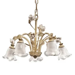Lampadario 5 Luci in Ferro e Vetro Sabbiato con Rose di Ceramica - Siena