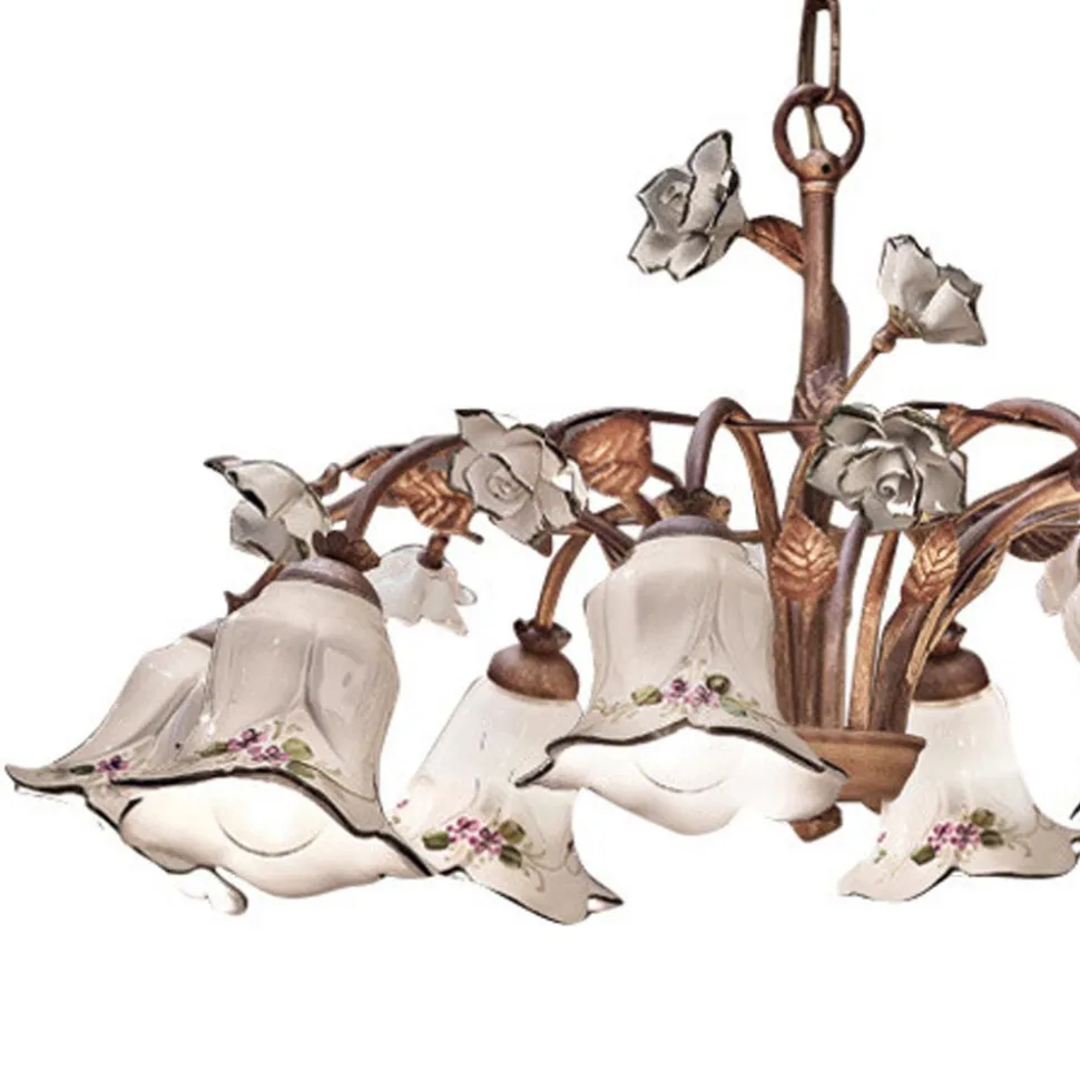 Lampadario 8 Luci in Metallo e Ceramica Decorata a Mano e Rose - Pisa