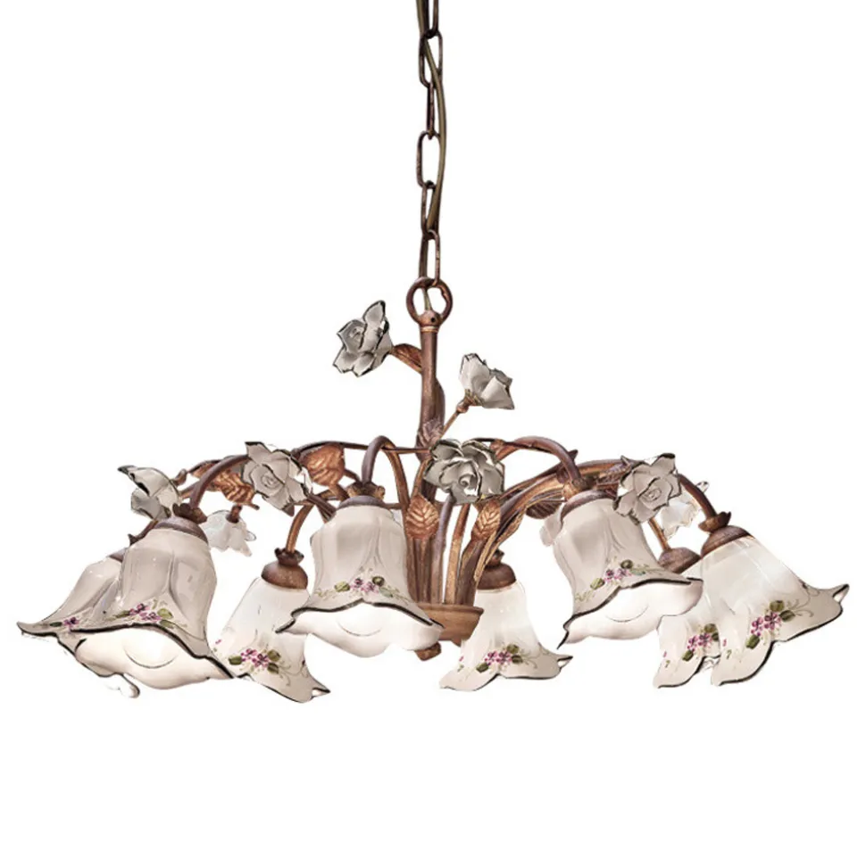Lampadario 8 Luci in Metallo e Ceramica Decorata a Mano e Rose - Pisa