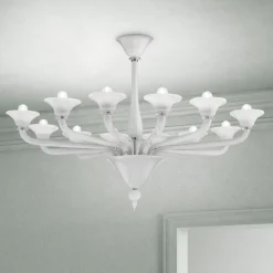 Lampadario 12 Luci in Vetro di Venezia Bianco e Metallo Cromato - Ismail