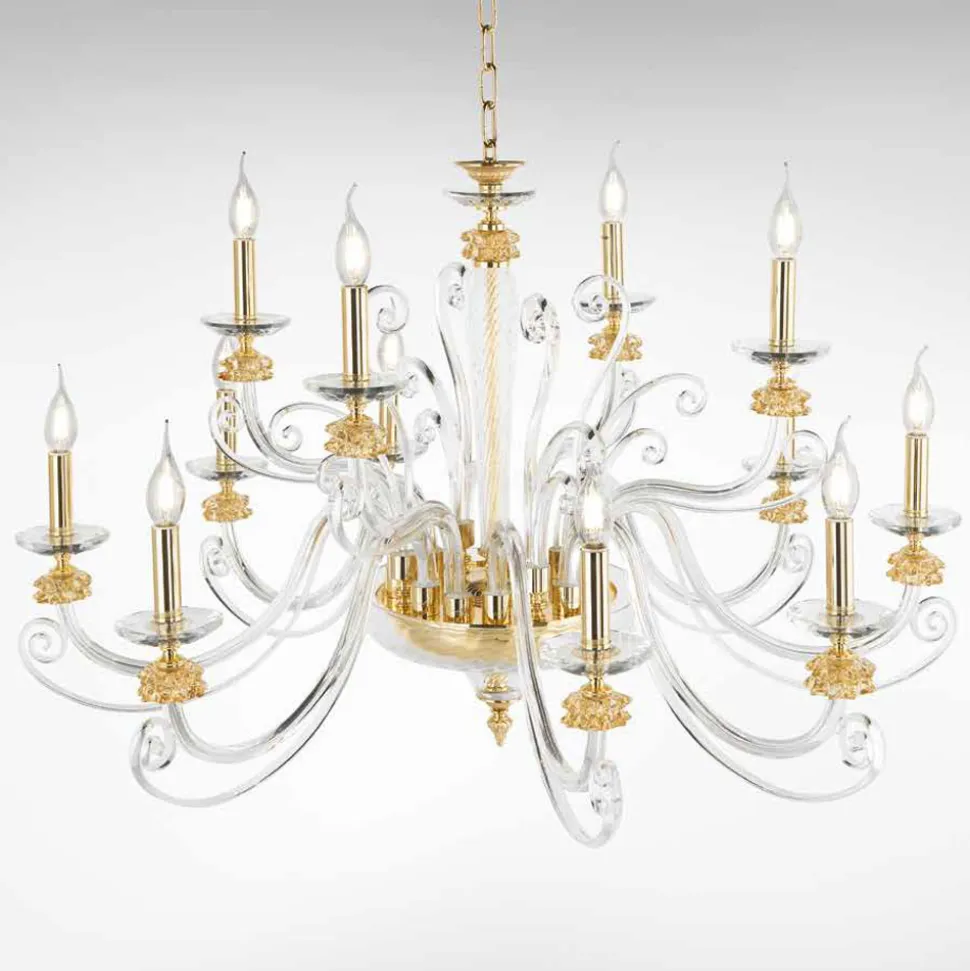 Lampadario 12 Luci in Vetro Soffiato e Cristallo di Lusso Classico - Cassea