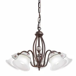 Lampadario 3 o 5 Luci in Ferro, Ceramica Dipinta a Mano e Vetro - Ferrara
