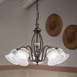 Lampadario 3 o 5 Luci in Ferro, Ceramica Dipinta a Mano e Vetro - Ferrara