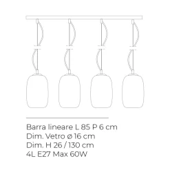 Lampadario Quattro Lumi su Barra Lineare in Vetro Soffiato Made in Italy - Soffio