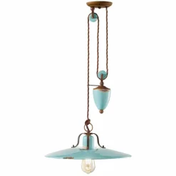 Lampada saliscendi country in metallo e ceramica Evelyn artigianale