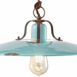 Lampada saliscendi country in metallo e ceramica Evelyn artigianale