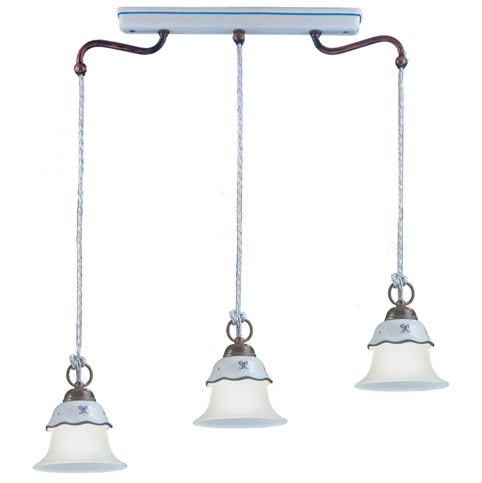 Lampada Sospensione a 3 Luci Vintage in Ferro, Vetro e Ceramica - Ferrara