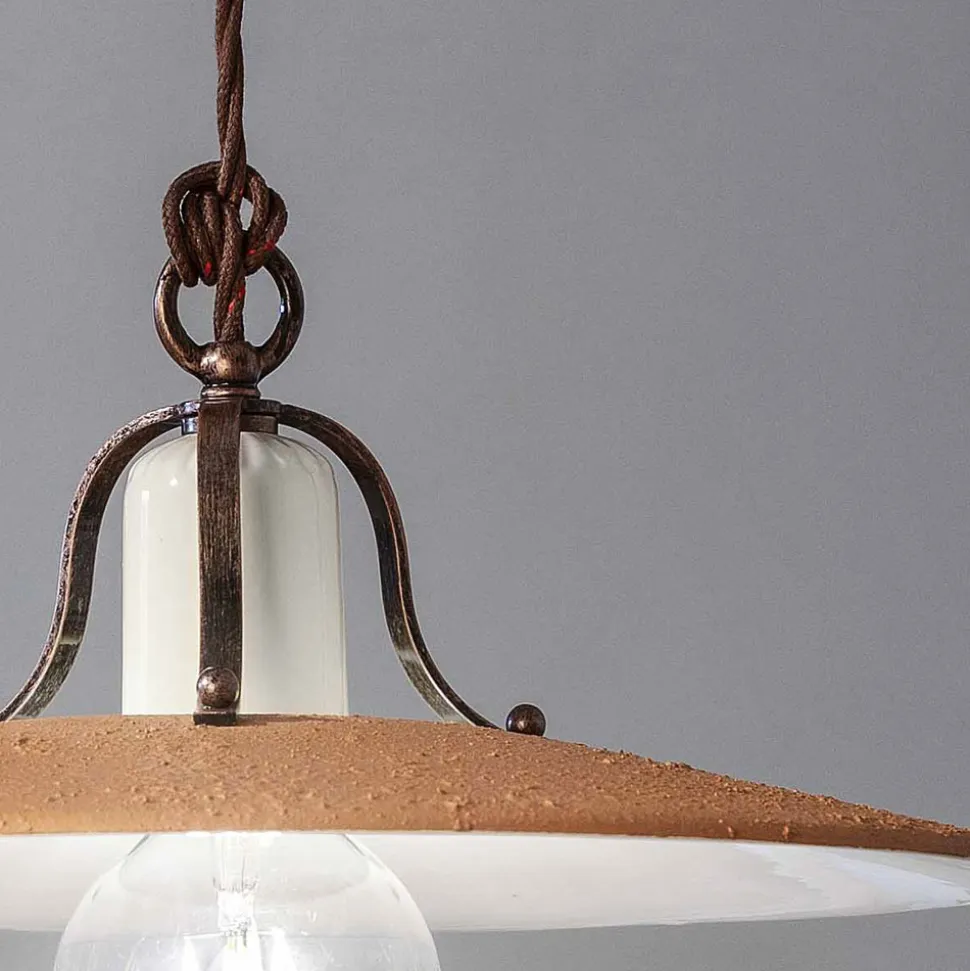 Lampada Sospensione Saliscendi in Ferro e Ceramica Grezza a Mano - Bologna