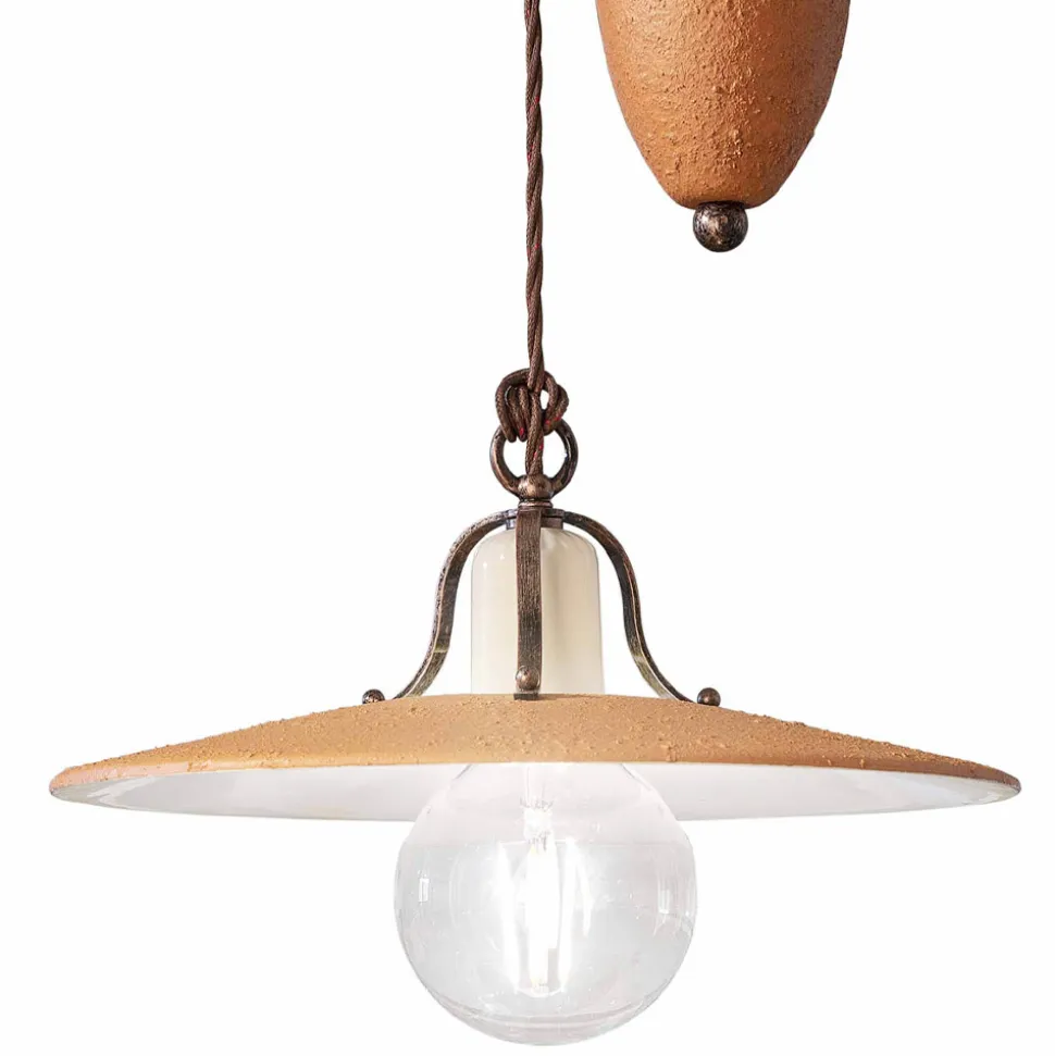 Lampada Sospensione Saliscendi in Ferro e Ceramica Grezza a Mano - Bologna