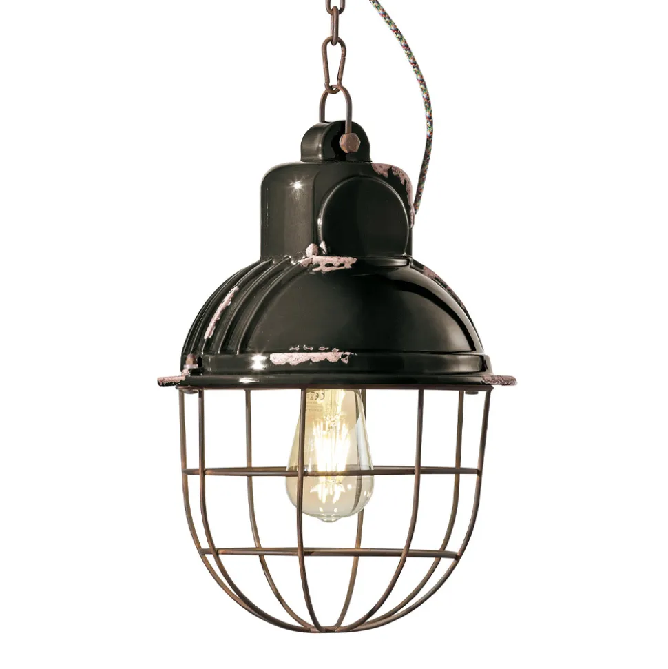 Lampada Sospesa Artigianale in Ferro e Ceramica con Griglia - Industrial