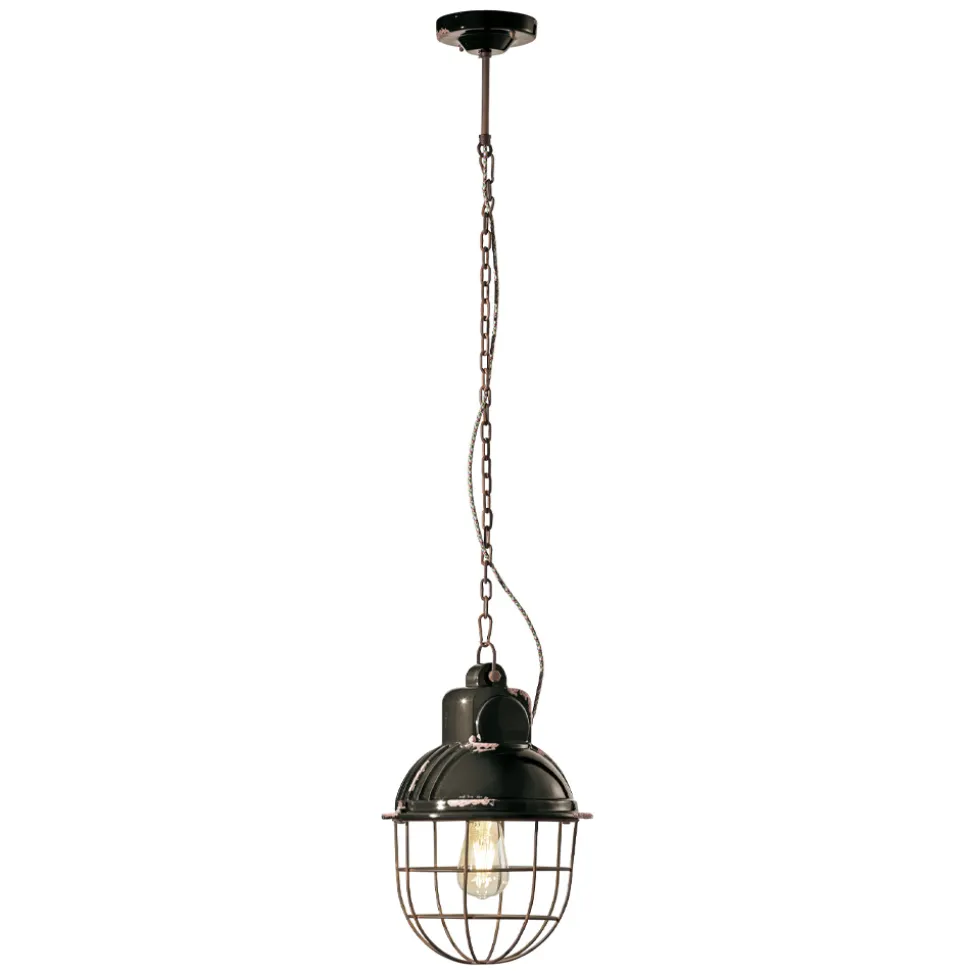 Lampada Sospesa Artigianale in Ferro e Ceramica con Griglia - Industrial