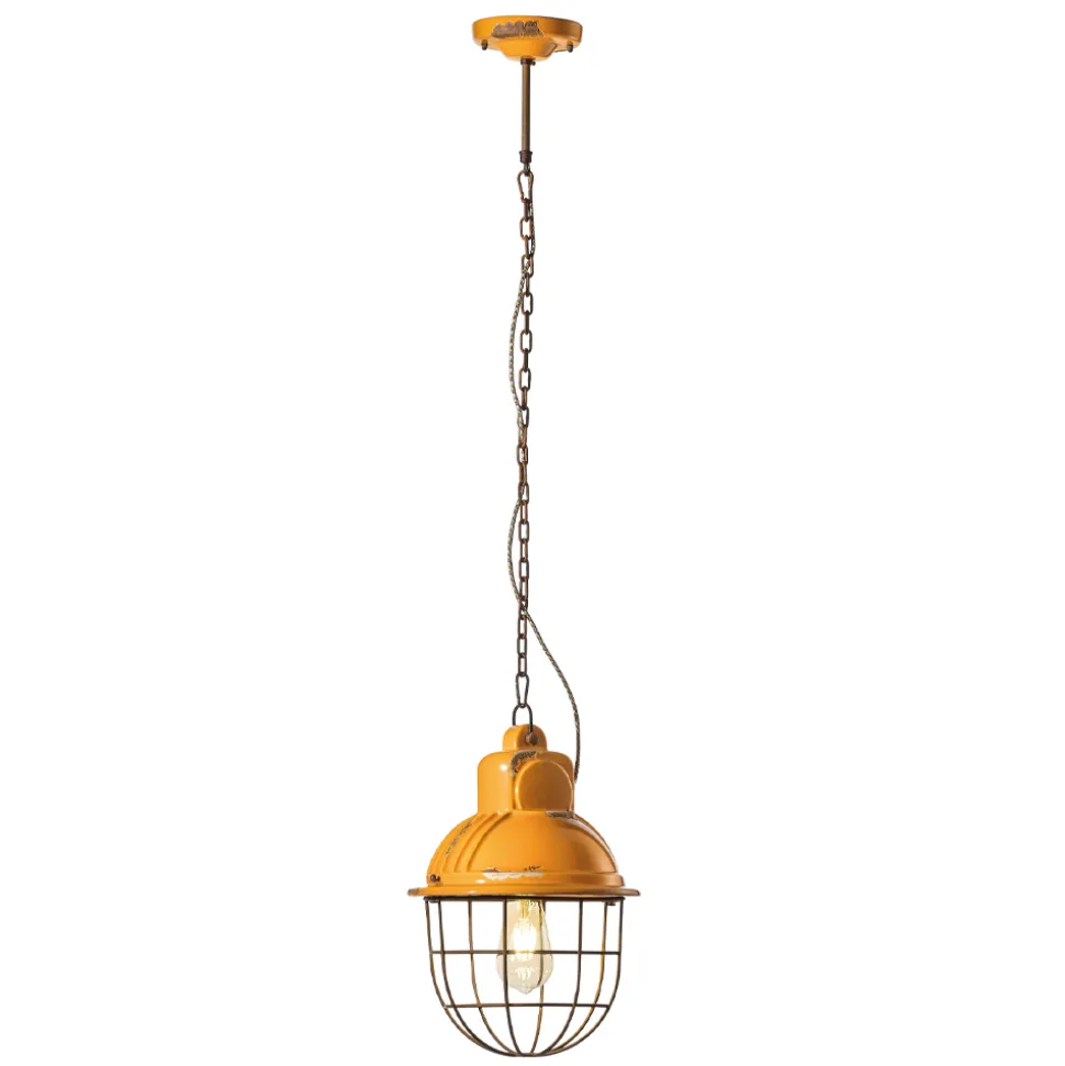 Lampada Sospesa Artigianale in Ferro e Ceramica con Griglia - Industrial