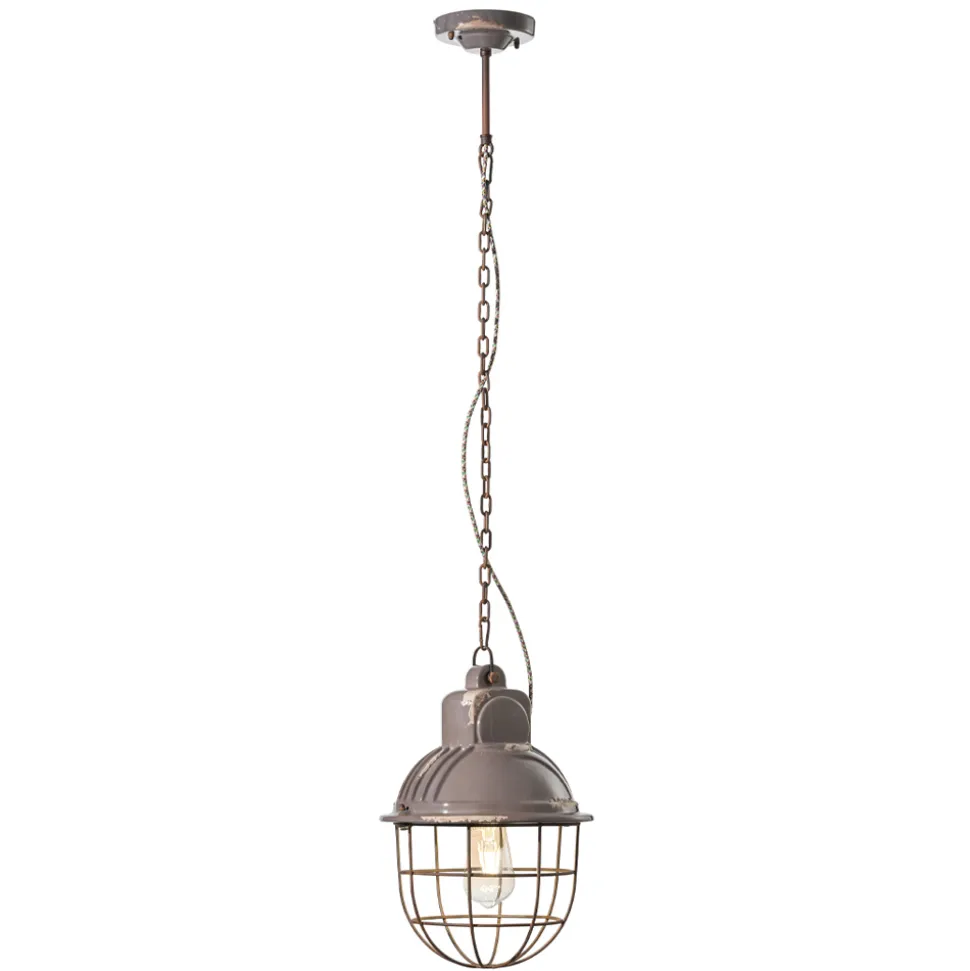 Lampada Sospesa Artigianale in Ferro e Ceramica con Griglia - Industrial