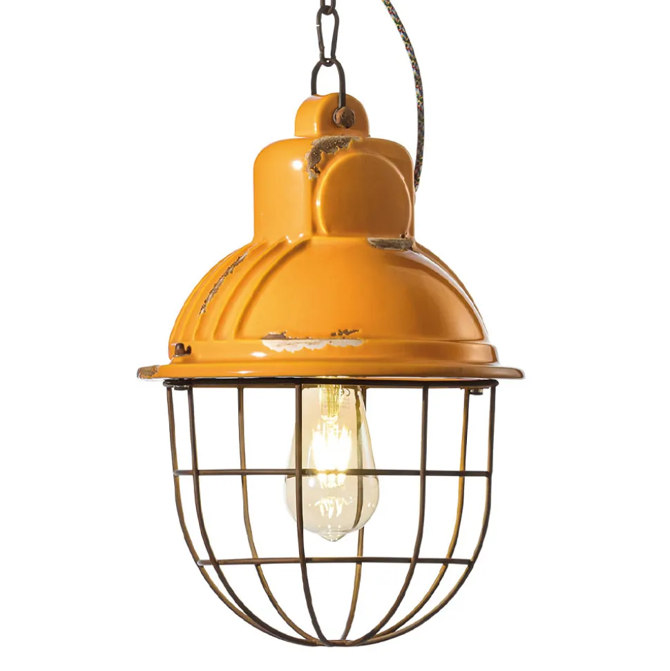Lampada Sospesa Artigianale in Ferro e Ceramica con Griglia - Industrial