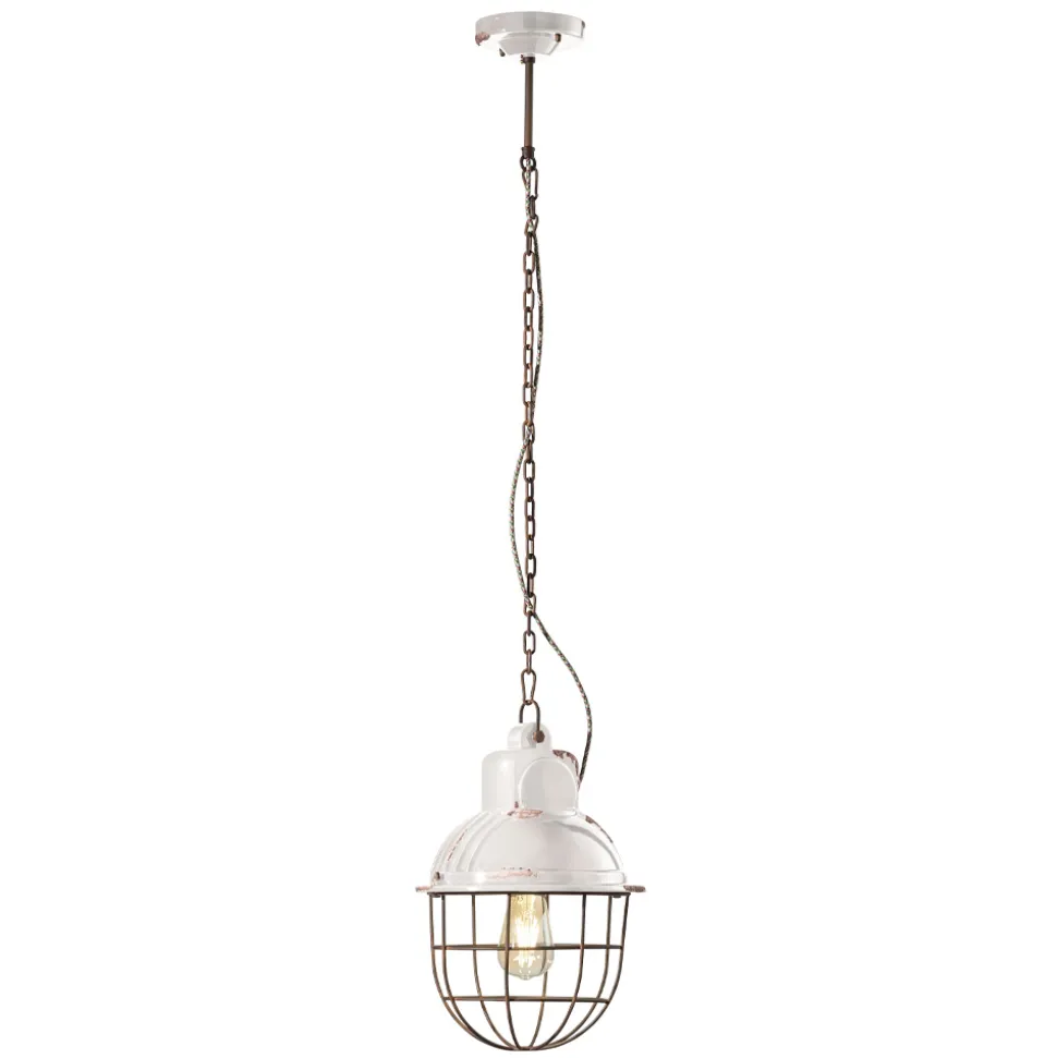 Lampada Sospesa Artigianale in Ferro e Ceramica con Griglia - Industrial