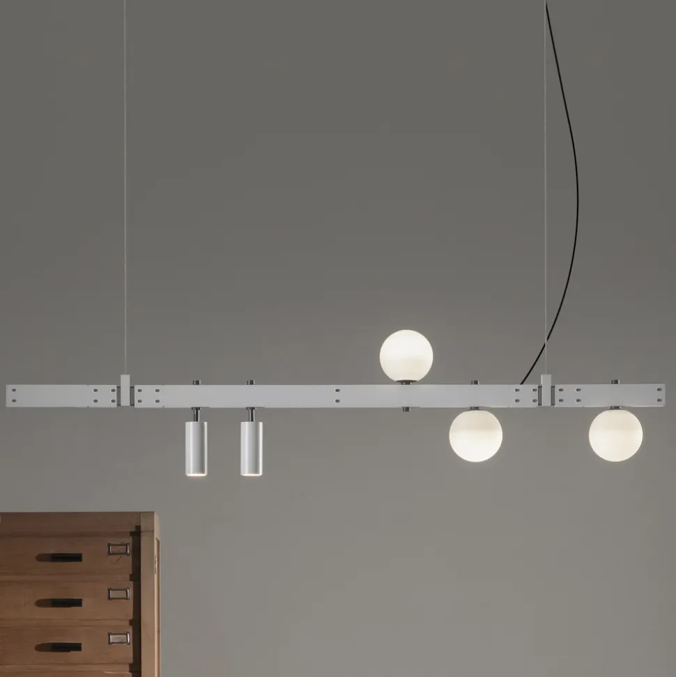 Lampada Sospesa Design Alluminio Bianco con Sfere Vetro e Faretti - Esodo