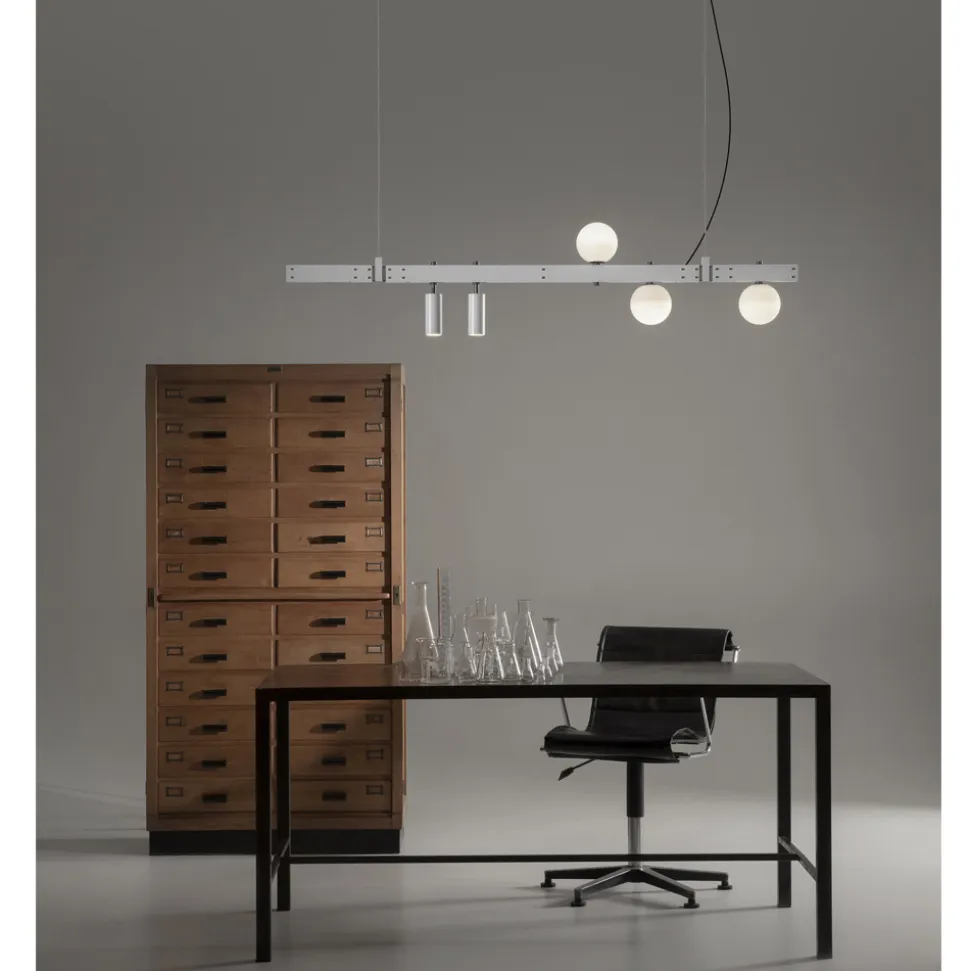 Lampada Sospesa Design Alluminio Bianco con Sfere Vetro e Faretti - Esodo