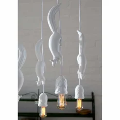 Lampada Sospesa in Ceramica Bianca Opaca con Scoiattolo e Ghianda - Scoiattolo