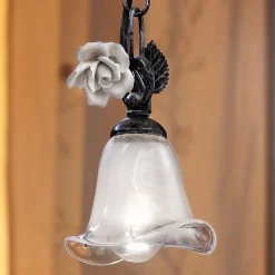 Lampada Sospesa in Ferro e Vetro con Rosa di Decoro in Ceramica - Siena