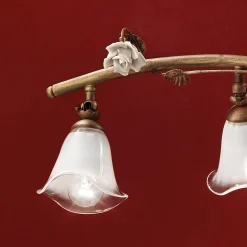 Lampada Sospesa Lineare 4 Luci in Ferro, Vetro e Rose di Ceramica - Siena