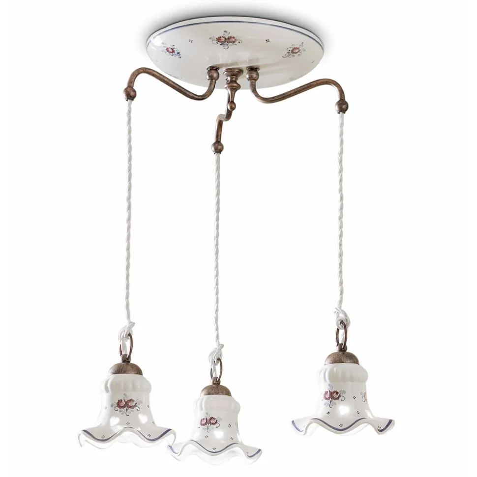 Lampada Sospesa 3 Luci in Ferro e Ceramica Dipinta a Mano Vintage - Chieti