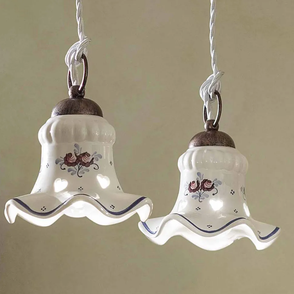 Lampada Sospesa 3 Luci in Ferro e Ceramica Dipinta a Mano Vintage - Chieti