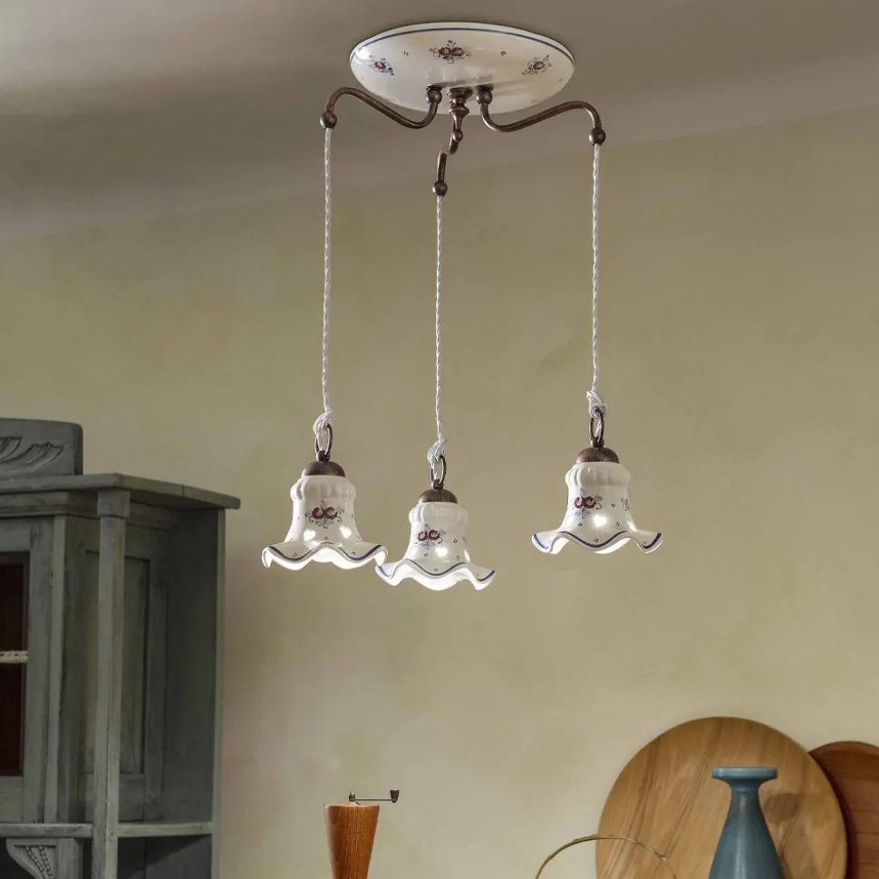 Lampada Sospesa 3 Luci in Ferro e Ceramica Dipinta a Mano Vintage - Chieti