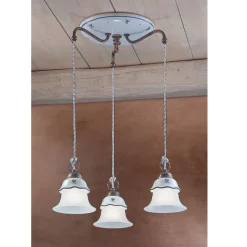 Lampada Sospesa Tonda in Ferro, Vetro, Ceramica Dipinta a Mano - Ferrara
