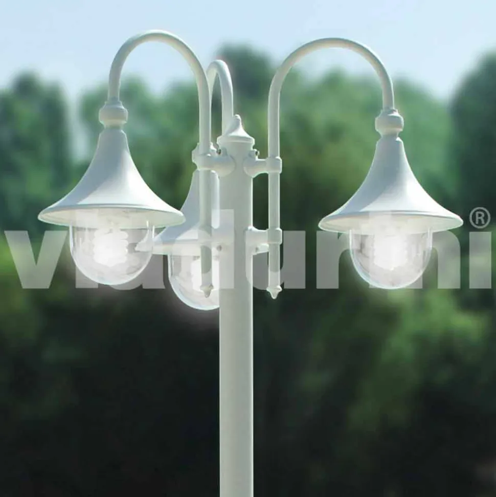 Lampione da esterno a tre luci in alluminio bianco made Italy, Anusca