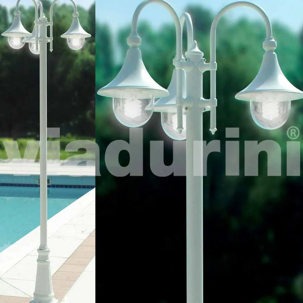 Lampione da esterno a tre luci in alluminio bianco made Italy, Anusca