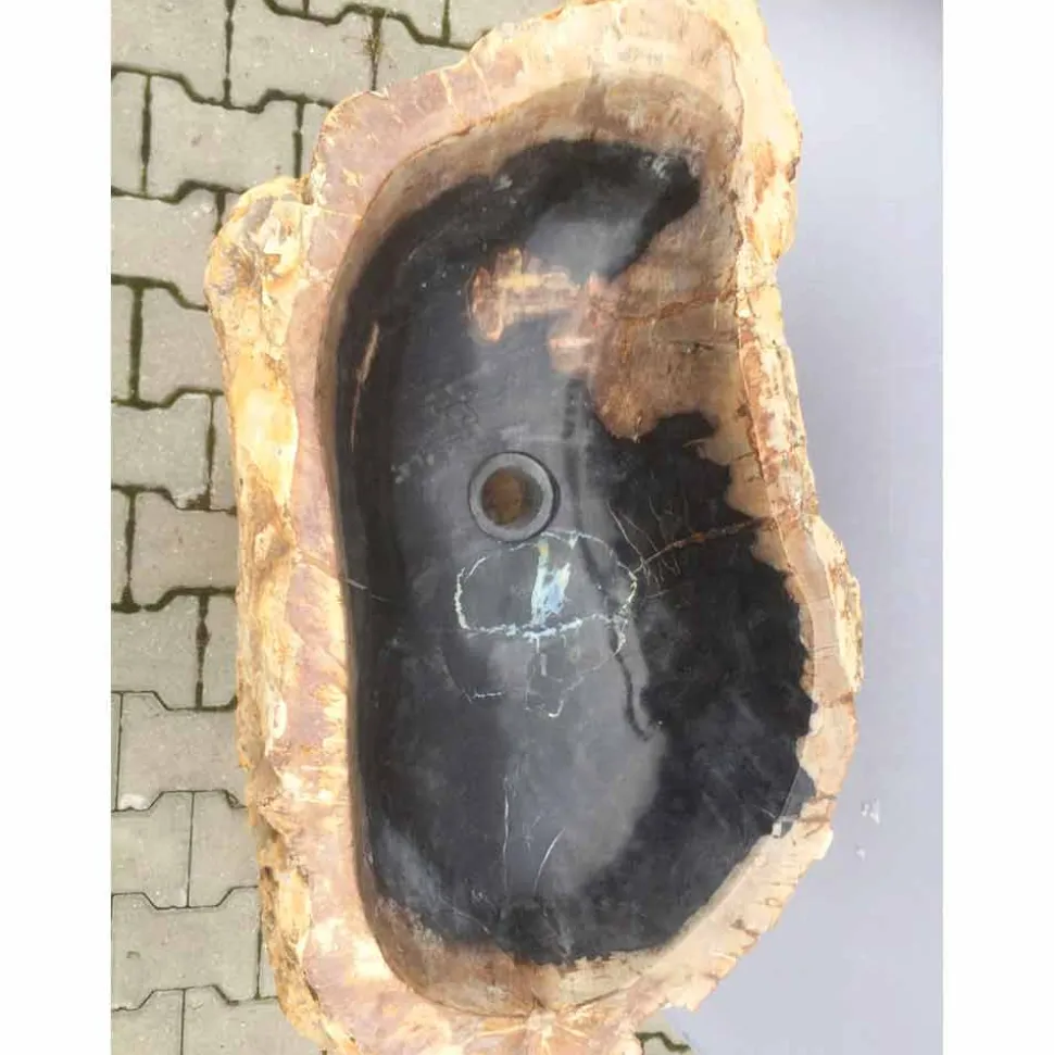 Lavabo a colonna di design in legno pietrificato Ley, fatto a mano