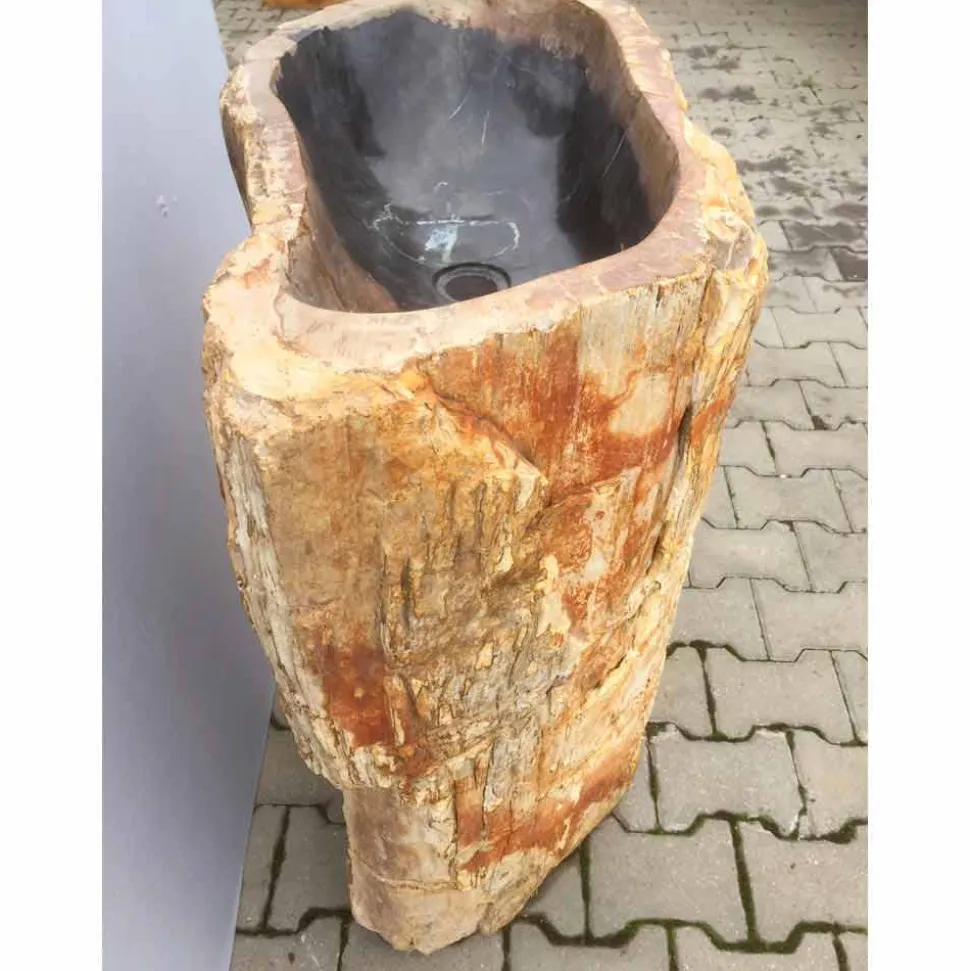 Lavabo a colonna di design in legno pietrificato Ley, fatto a mano