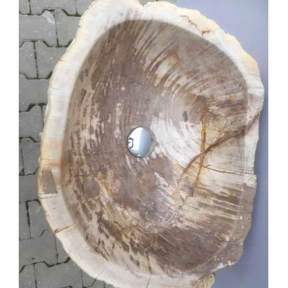 Lavabo a colonna di design in legno pietrificato Ley, fatto a mano