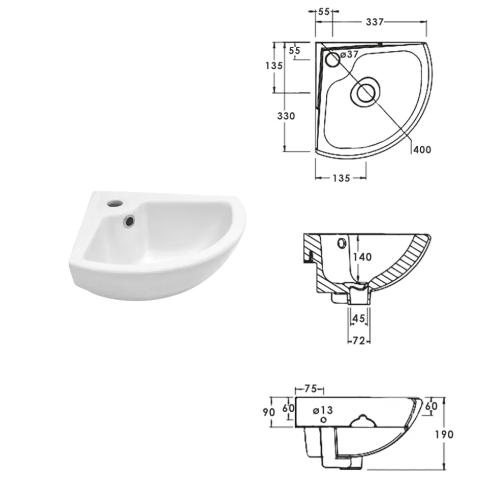 Lavabo ad Angolo Monoforo in Ceramica Bianca dal Design Classico - Silice